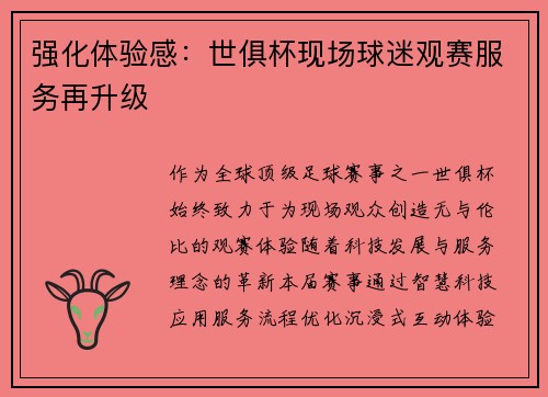 强化体验感：世俱杯现场球迷观赛服务再升级