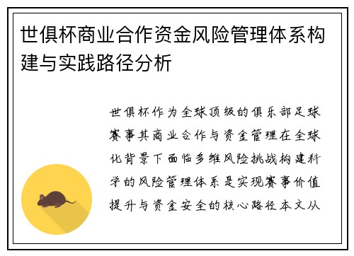 世俱杯商业合作资金风险管理体系构建与实践路径分析