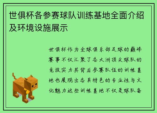 世俱杯各参赛球队训练基地全面介绍及环境设施展示
